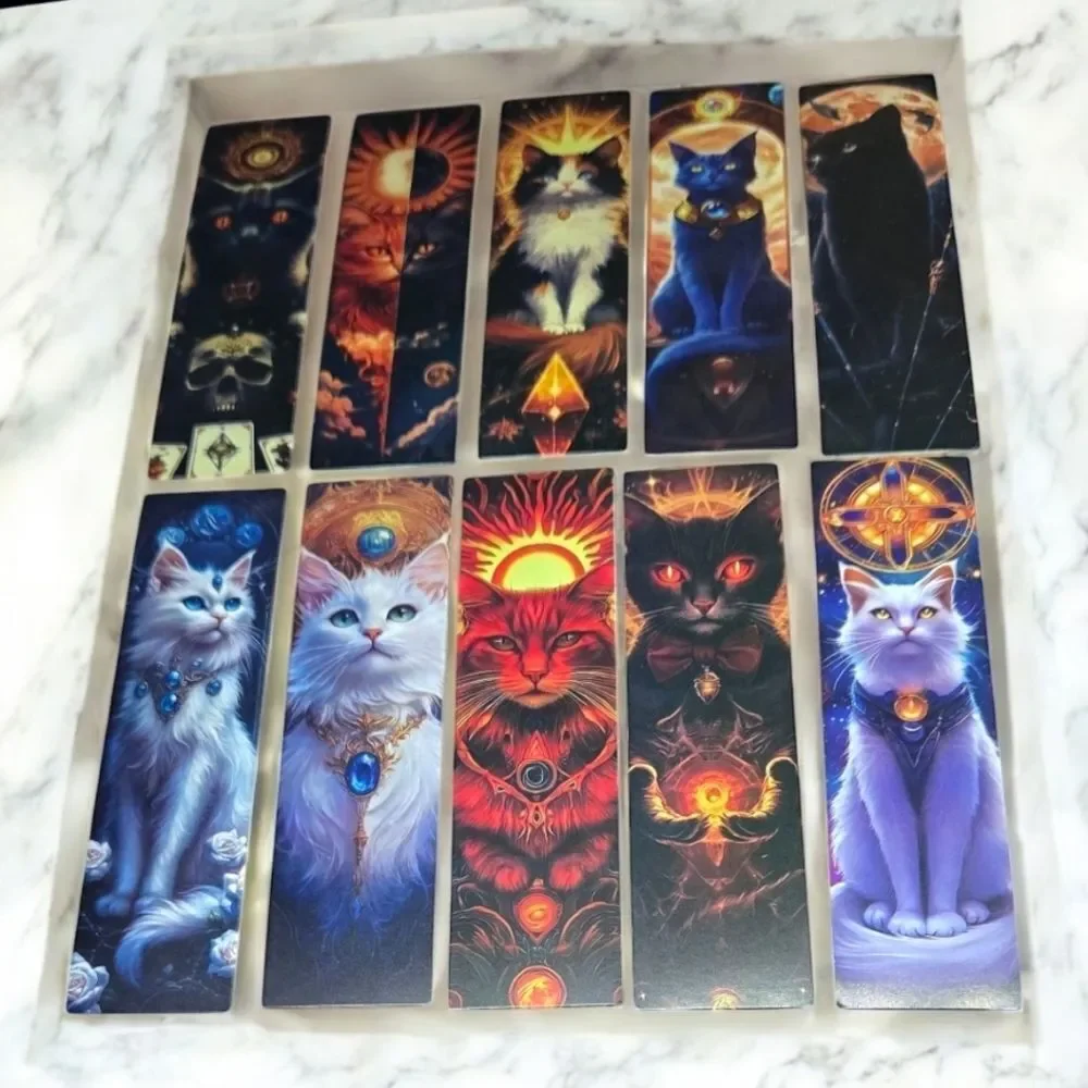10pc Mystical Cat Tarot Bookmark Set Gothic Celestial White Cat Reading Markers